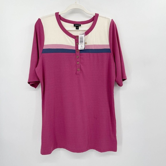 torrid Tops - Torrid Color Block Henley Top Size Pink 2X Rib Knit Soft Short Sleeve Button NWT